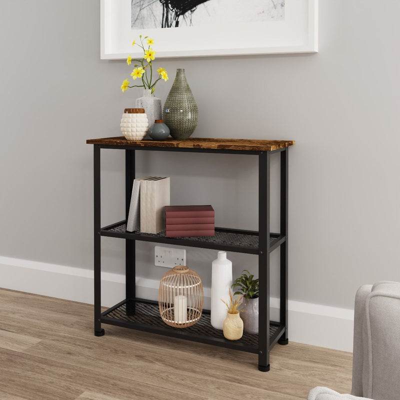 Bala Living Shoe Rack in rustic wood grain style with black metallic frame