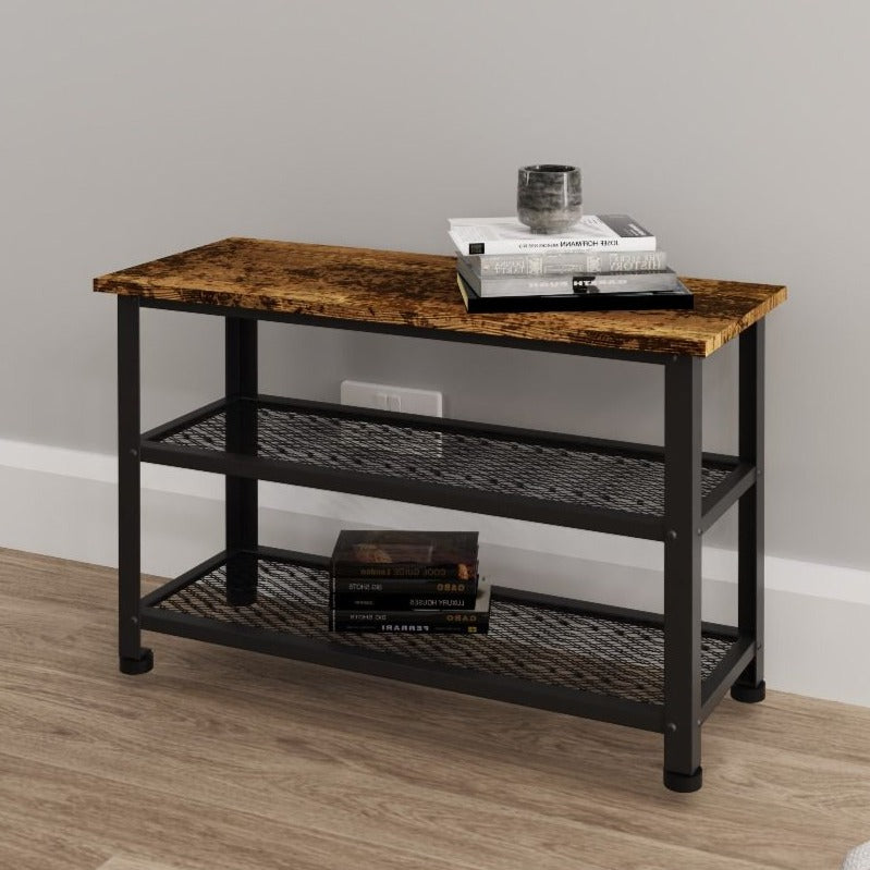 Bala Living Tall Coffee Table in rustic wood grain style with black metallic frame