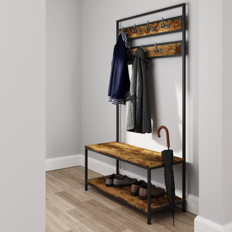 Bala Living Coat Rack in rustic wood grain style with black metallic frame