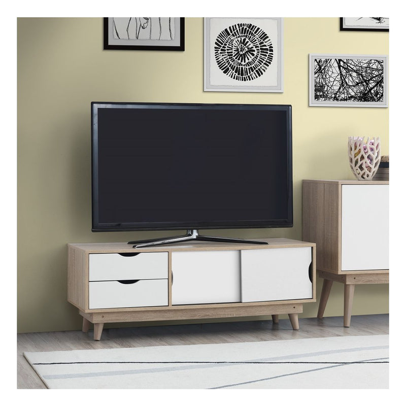 Alford Coffee TV Unit with 2 Sliding Doors & 2 Drawers in Sonoma Oak and White