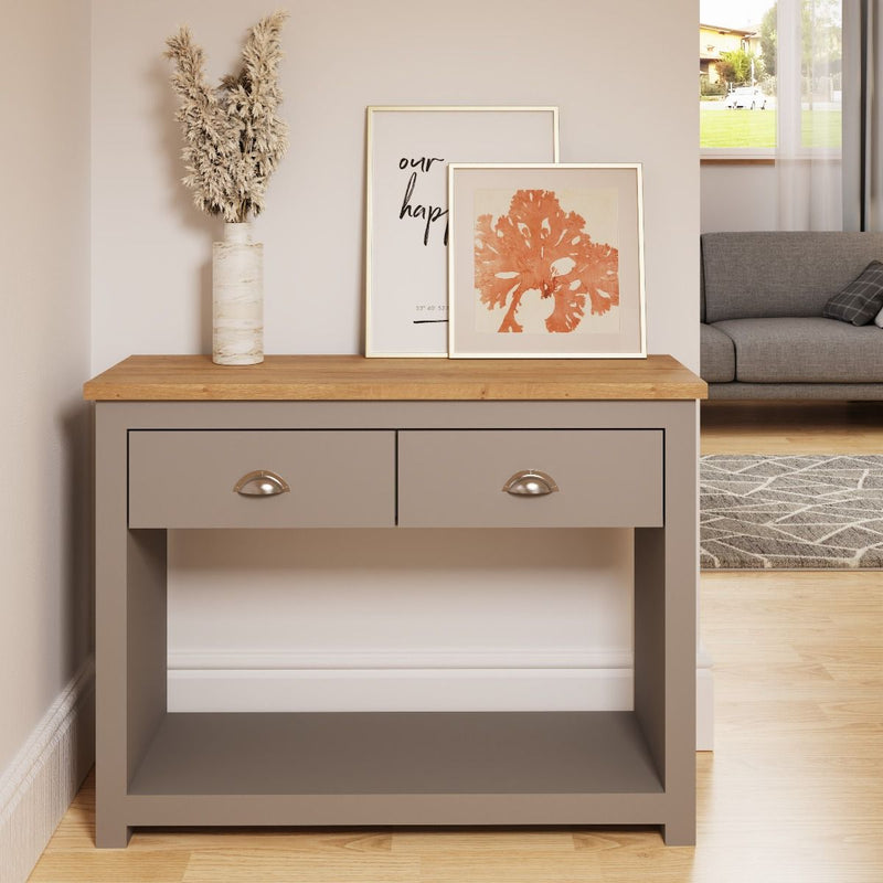 Lisbon console table with 2 drawers in grey & oak