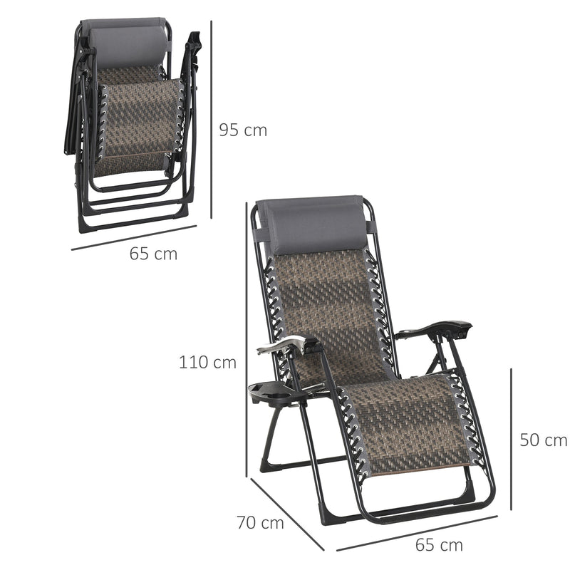 Outsunny Outdoor Zero Gravity Folding Sun Lounge Chair with Headrest, Recliner Chair w/ Cup and Phone Holder for Garden, Balcony, Deck, Grey