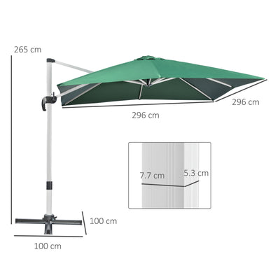 Outsunny 3 x 3(m) Cantilever Parasol, Square Garden Umbrella with Cross Base, Crank Handle, Tilt, 360° Rotation and Aluminium Frame, Green