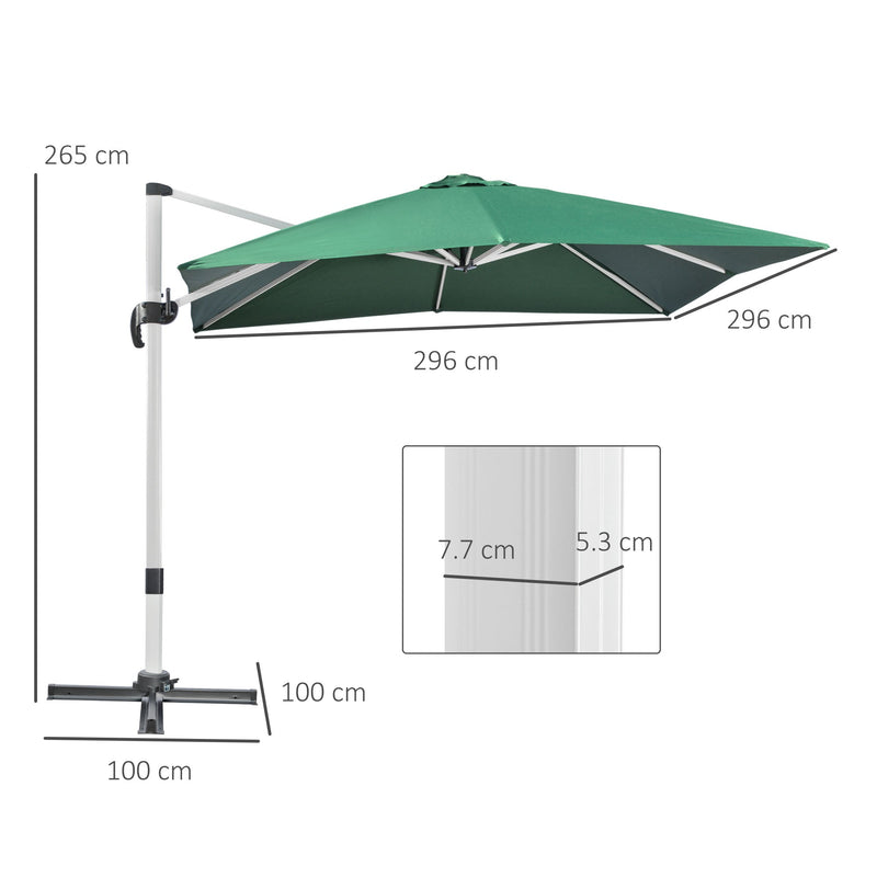 Outsunny 3 x 3(m) Cantilever Parasol, Square Garden Umbrella with Cross Base, Crank Handle, Tilt, 360° Rotation and Aluminium Frame, Green