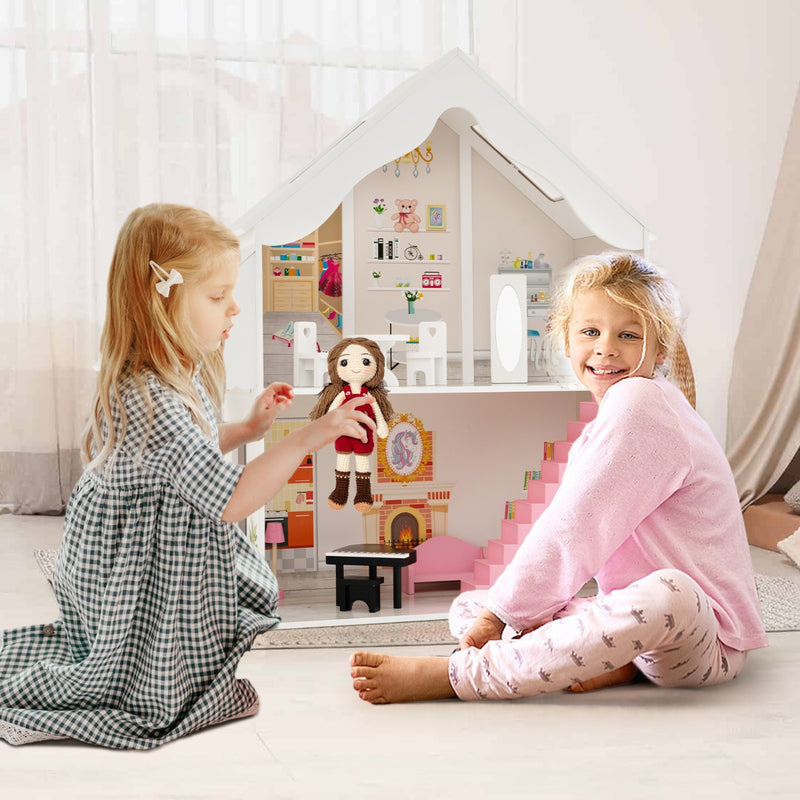 Kids Wooden Dollhouse with Simulated Rooms and Furniture Set-White