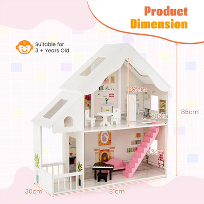 Kids Wooden Dollhouse with Simulated Rooms and Furniture Set-White