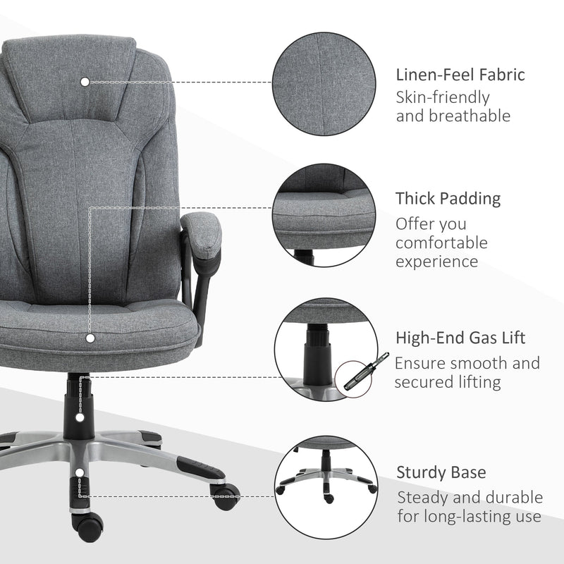 Vinsetto Linen Fabric Home Office Chair, Height Adjustable Computer Chair with Padded Armrests and Tilt Function, Grey