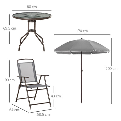 Outsunny 6 Piece Patio Dining Set with Umbrella, 4 Folding Dining Chairs & Round Tempered Glass Table for Garden, Backyard and Poolside, Grey