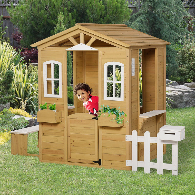 Casa de juegos de madera Outsunny para exteriores con puerta, ventanas, buzón, macetero, banco para servir, para niños pequeños, color natural