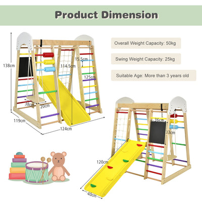 8-in-1 Wooden Kids Climbing Toy Set with Slide Ladder Monkey Bars-Colourful