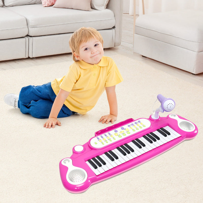 Teclado infantil con soporte de 37 teclas, micrófono y luz rosa