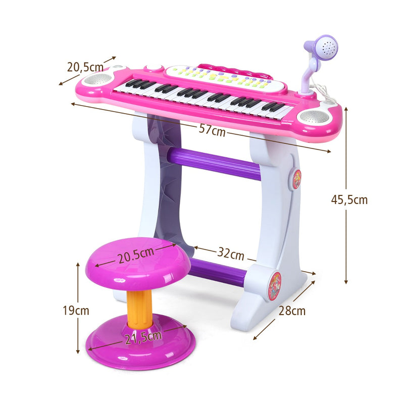 Teclado infantil con soporte de 37 teclas, micrófono y luz rosa