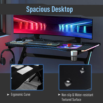 HOMCOM Gaming Desk Gaming Table with RGB LED Lights Racing Style Cup Holder, Cable Management, Black