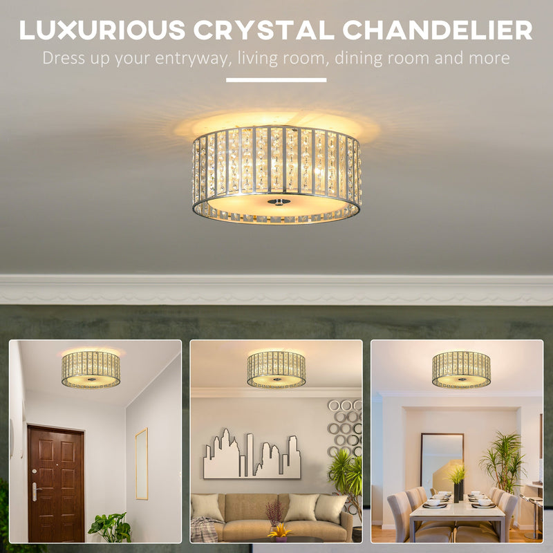 HOMCOM Modern K9 Crystal Chandelier Ceiling Light with Double Layer Lampshade, Round Pendant Light for Living Room, 4 G9 Bulbs Required, Φ35 cm