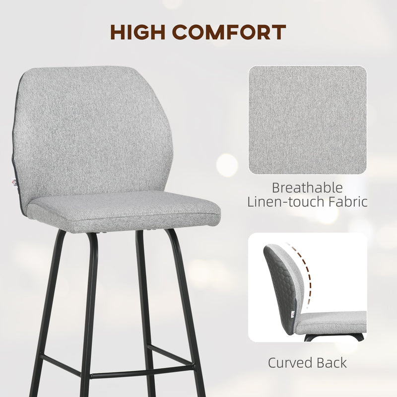 HOMCOM Bar Stools Set of 2, Linen-Touch Upholstered Bar Chairs, Kitchen Stools with Backs and Steel Legs, Light Grey