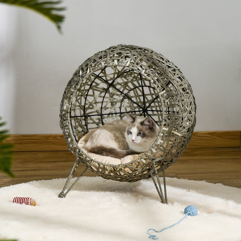 Rattan Wicker Elevated Cat House Kitten Pussy Basket Pet Bed with Cushion Smoky Grey