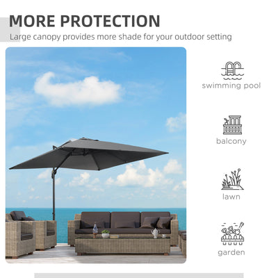 Outsunny 2.7 x 2.7 m Cantilever Parasol, Square Overhanging Umbrella with Cross Base, Crank Handle, Tilt, 360° Rotation and Aluminium Frame, Dark Grey