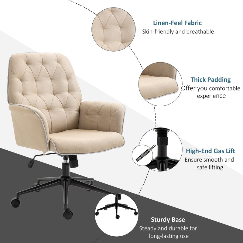 Tufted Ergonomic Desk Chair, Armrest & 360 degree Swivel Base-Beige