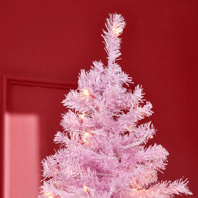 HOMCOM 7' Tall Prelit Pencil Slim Artificial Christmas Tree with Realistic Branches, 350 Warm White LED Lights and 818 Tips, Xmas Decoration, Pink