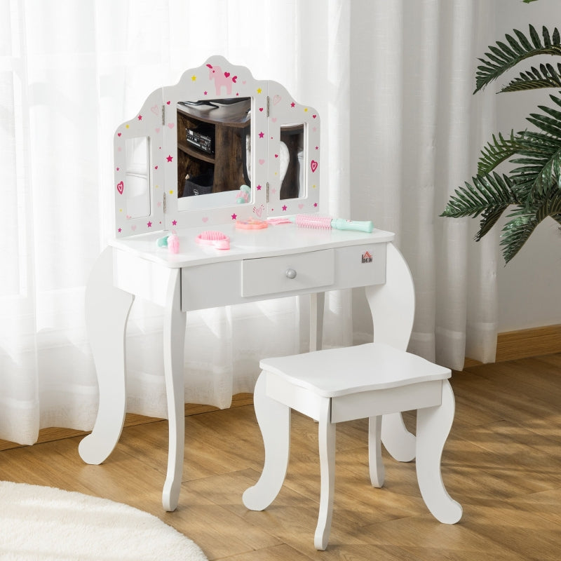 Kids Vanity Table And Stool Girls Dressing , White