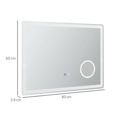 kleankin LED Bathroom Mirror with Lights, 3X Magnifying Mirror, Dimming Lighted Bathroom Mirror, Vanity Mirror with 3 Colour Front and Backlit, Smart Touch, Anti-Fog, Horizontal and Vertical, 80x60cm