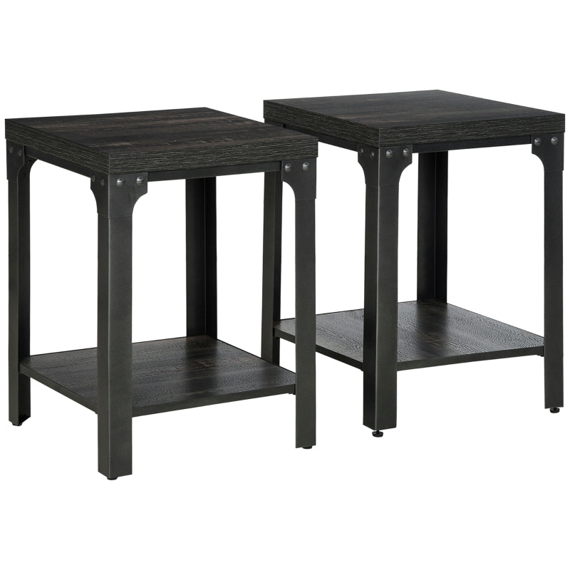 Industrial Side Table Set Of 2 With Storage Shelf, Dark Walnut