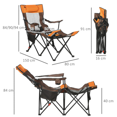 Outsunny Foldable Reclining Garden Chairs with Footrest and Adjustable Backrest, Portable Camping Chair with Headrest, Cup Holder, Side Pocket Black