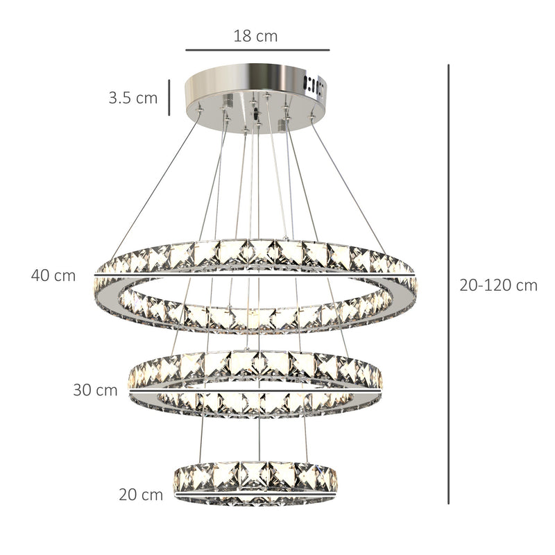 HOMCOM Modern LED Chandelier with 3 Crystal Rings, Dimmable Pendent Ceiling Light Cool Warm White with Adjustable Cable Remote Controller, Silver