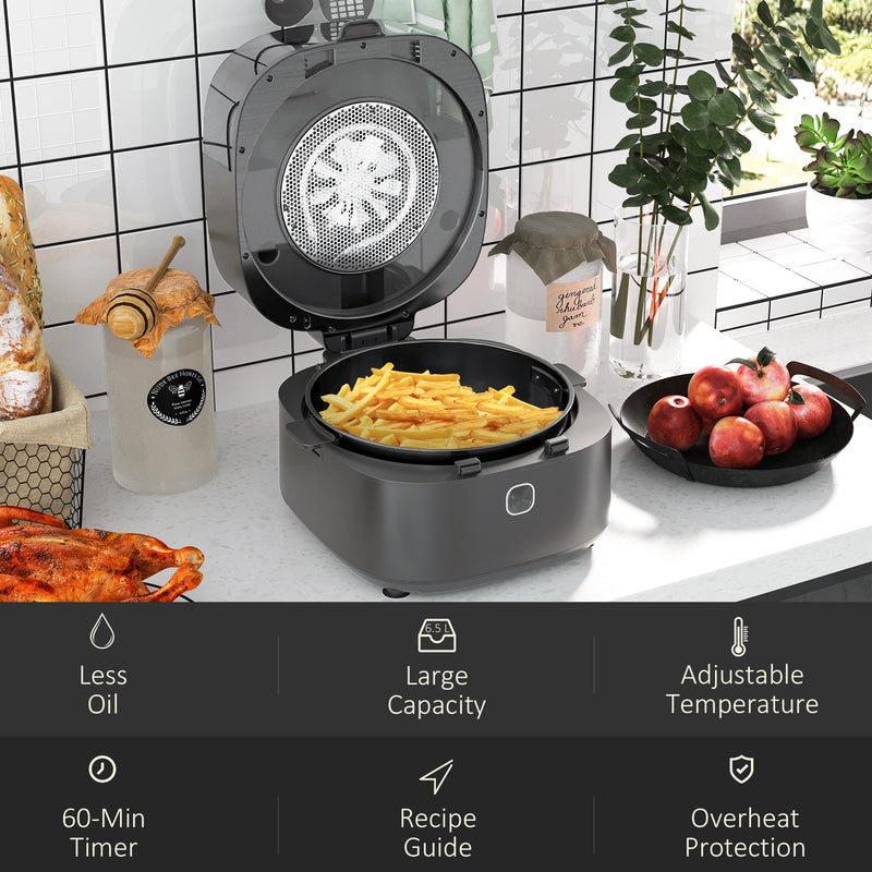 HOMCOM Family Size Air Fryer Oven with Rapid Air Circulation and Recipes, 6.5L Oil Free Airfryer with 60-Minute Timer, Adjustable Temperature and Non-stick Basket, 1350W, Grey