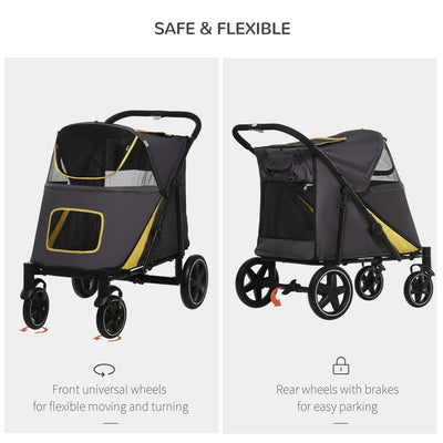 PawHut Pet Stroller with Universal Front Wheels, Shock Absorber, One Click Foldable Dog Cat Carriage with Brakes, Storage Bags, Mesh Window Dark Grey