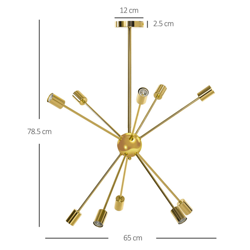 HOMCOM Modern Sputnik Ceiling Lights, 10-Light Chandelier for Bedroom Living Room with E27 Base, 65x65x78.5cm, Gold Tone