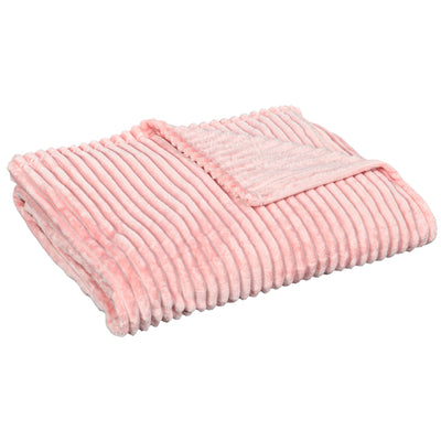 HOMCOM Flannel Fleece Blanket for Sofas, All-Season Fluffy Warm Throw Blanket for Bed, Couch, Chair, Striped Reversible Travel Bedspread, Double Size, 203 x 152cm, Pink