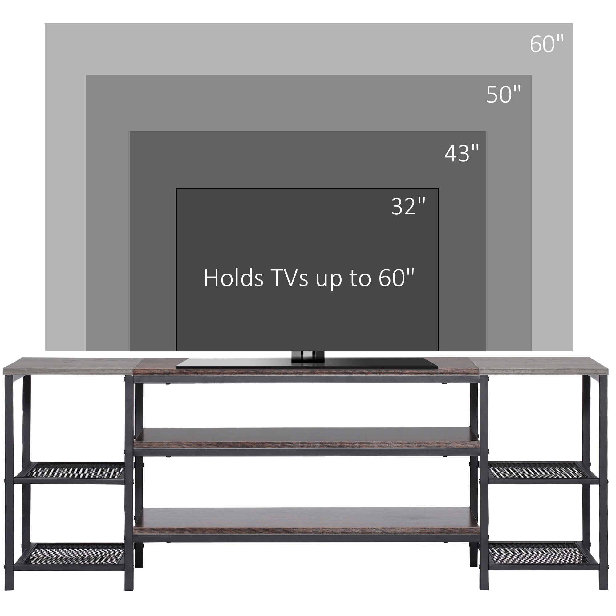 HOMCOM Industrial TV Cabinet for TVs up to 65, TV Stand with Open Shelf  Storage, Media Console with Steel Frame, Rustic Brown