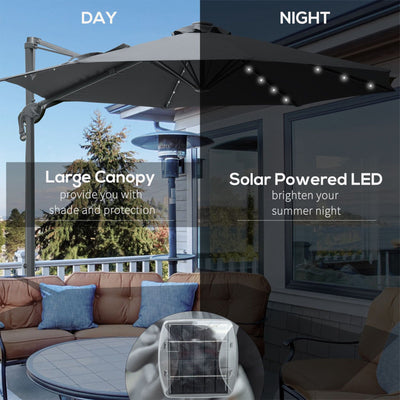 Outsunny 3(m) Cantilever Roma Parasol Patio Sun Umbrella with Crank & Tilt LED Solar Light Cross Base 360° Rotating Outdoor, Dark Grey