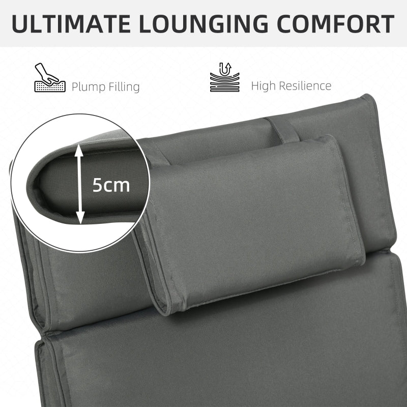 Garden Lounger Cushion Replacement Thick Sunbed Reclining Chair Relaxer Pad With Pillow - Grey