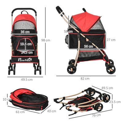 PawHut Pet Stroller Detachable 3-In-1 Dog Pushchair Cat Travel Carriage Foldable Bag w/ Universal Wheel, Brake Canopy for XS & S Sized Pets, Red