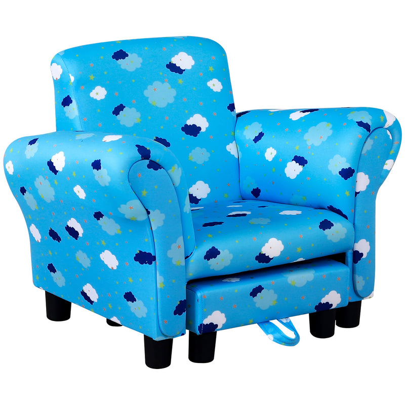 HOMCOM Kids Children Armchair Mini Sofa Wood Frame w/ Footrest Anti-Slip Legs High Back Arms Bedroom Playroom Furniture Cute Cloud Star Blue