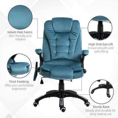 Vinsetto Massage Recliner Chair Heated Office Chair with Six Massage Points Velvet-Feel Fabric 360° Swivel Wheels Blue