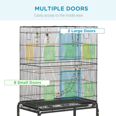 PawHut Bird Cage with Stand, Toys, Wheels, for Canaries, Finches, Lovebirds, Parakeets, Budgie Cage with Accessories, Storage Shelf, Black