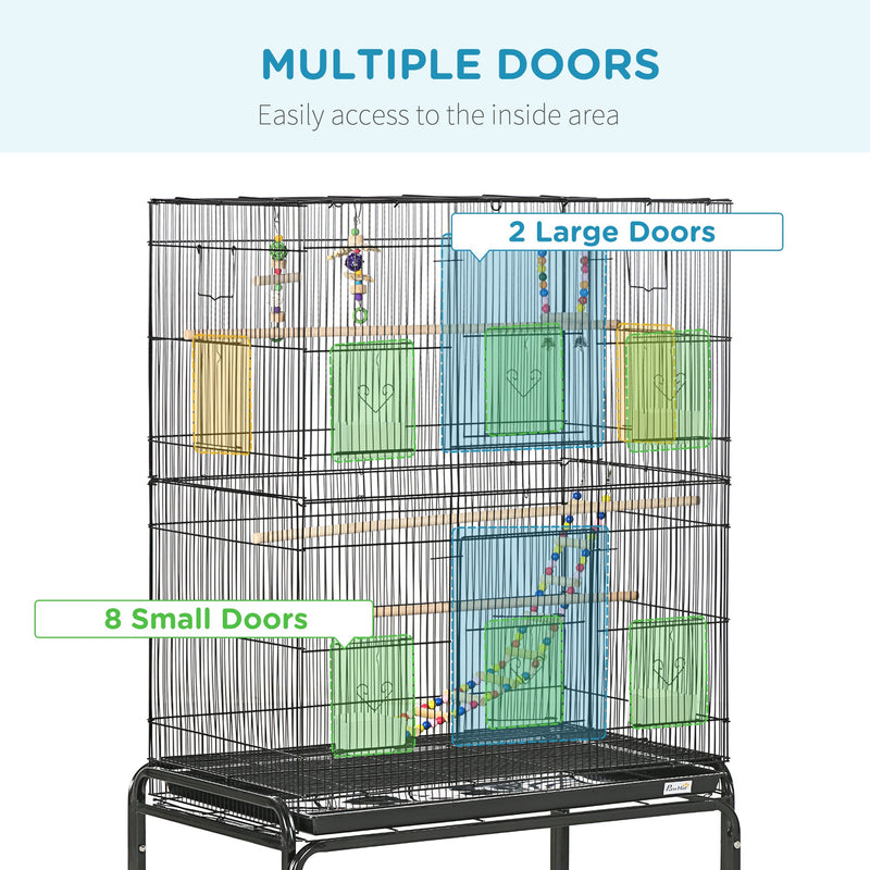 PawHut Bird Cage with Stand, Toys, Wheels, for Canaries, Finches, Lovebirds, Parakeets, Budgie Cage with Accessories, Storage Shelf, Black