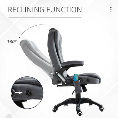 Sillón reclinable de masaje Vinsetto, silla de oficina con calefacción, seis puntos de masaje, tela con tacto aterciopelado, ruedas giratorias de 360°, color gris