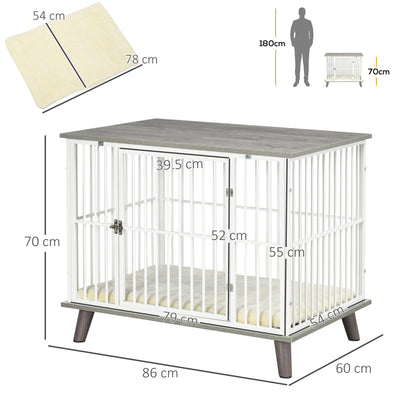 PawHut Dog Crate Furniture, Indoor Pet Kennel Cage, Top End Table w/ Soft Cushion, Lockable Door, for Small Dogs, 86 x 60 x 70 cm - Grey