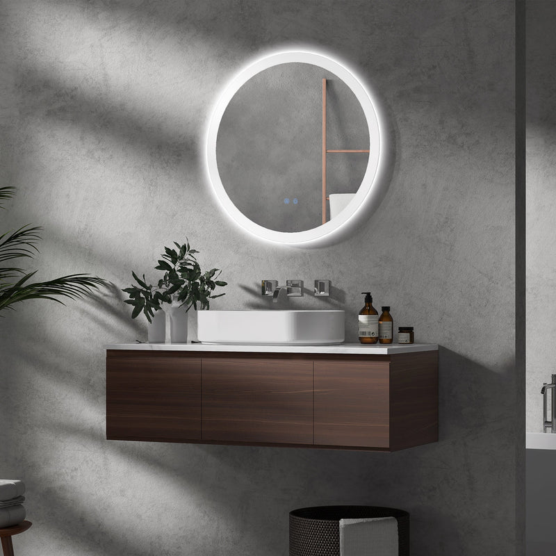 kleankin Round Bathroom Mirror with LED Lights, Wall-Mounted Dimmable Makeup Mirror with 3 Temperature Colours, Defogging Film, Memory Function, Hardwired, 70 x 70 cm