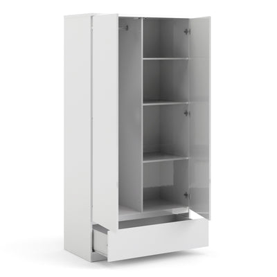 Naia - Naia Wardrobe with 2 doors + 1 drawer in White High Gloss