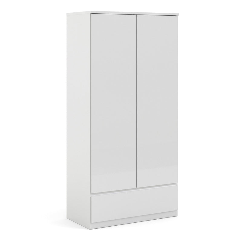 Naia - Naia Wardrobe with 2 doors + 1 drawer in White High Gloss