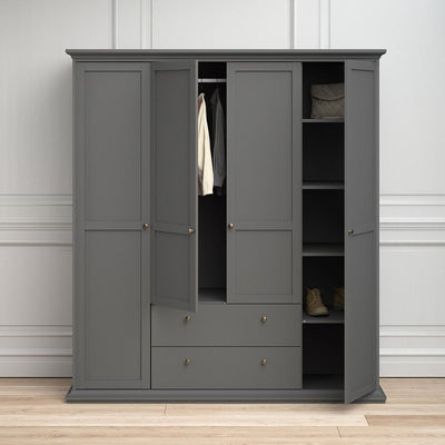 Paris Wardrobe with 4 Doors & 2 Drawers in Matt Grey