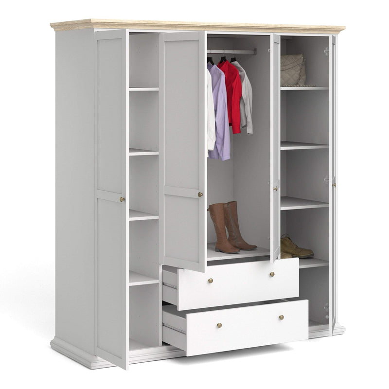 Paris Wardrobe with 4 Doors & 2 Drawers in White  and Oak