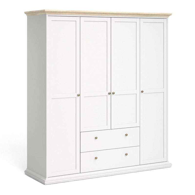 Paris Wardrobe with 4 Doors & 2 Drawers in White  and Oak