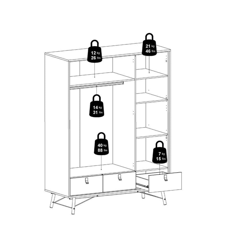 Ry Wardrobe 3 Doors + 3 Drawers In Matt Black Walnut