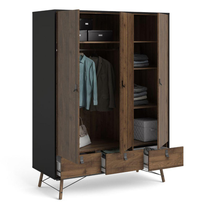 Ry Wardrobe 3 Doors + 3 Drawers In Matt Black Walnut